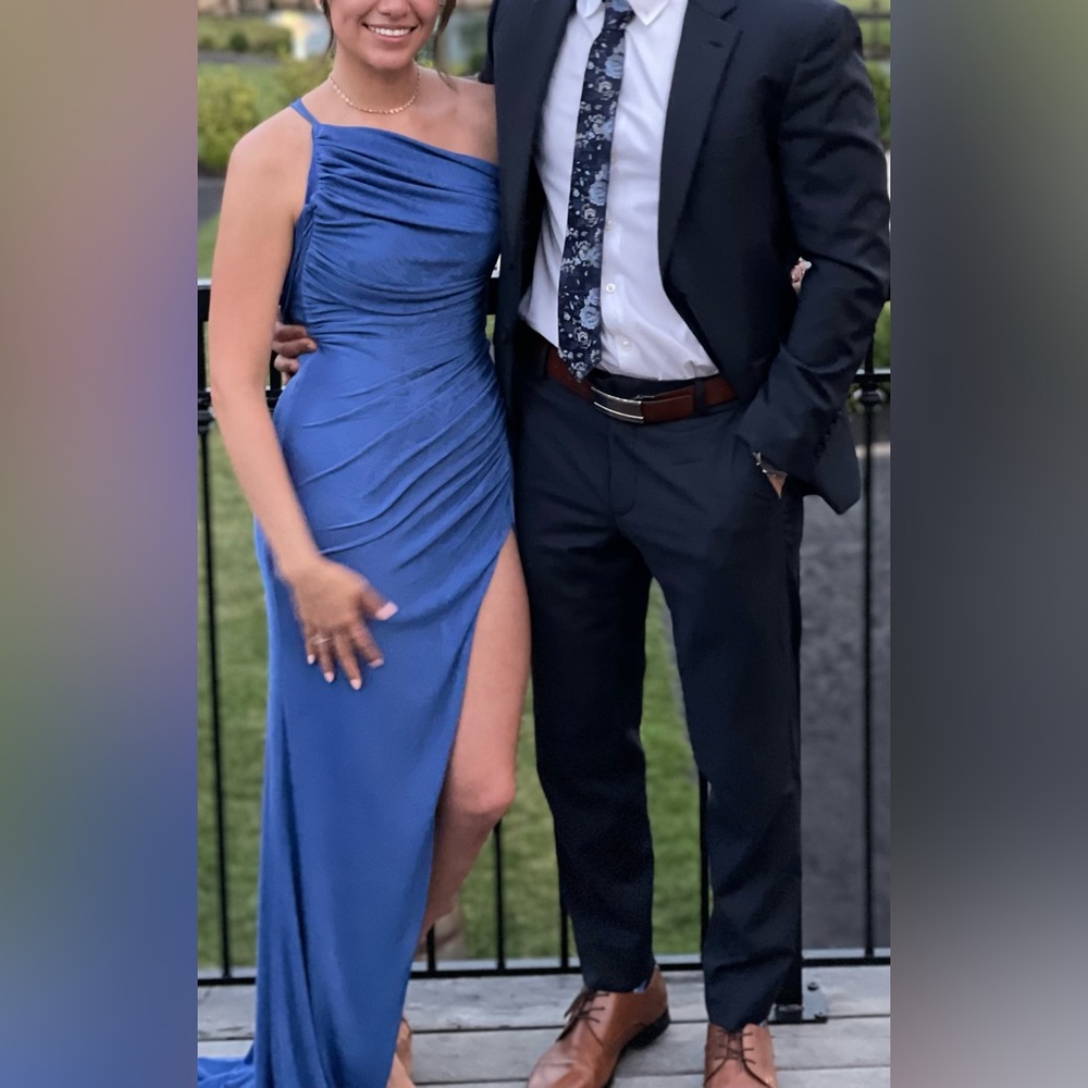 Katie May Sapphire One-Shoulder Ruched Gown w/ High Slit (Size XS-Small)